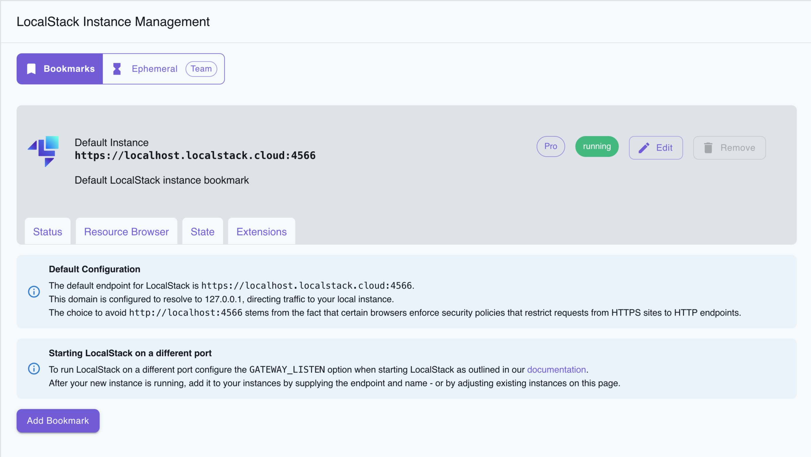 LocalStack Web Application’s Instance Management page